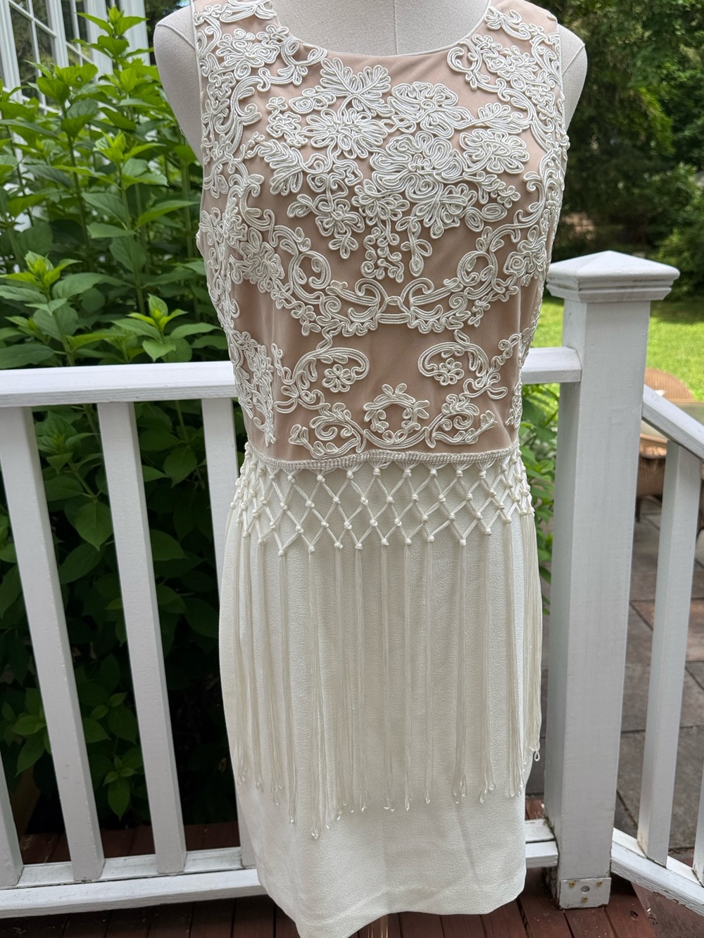 Belle Badgley Mischka Ivory and Nude Embroidered fringed Dress